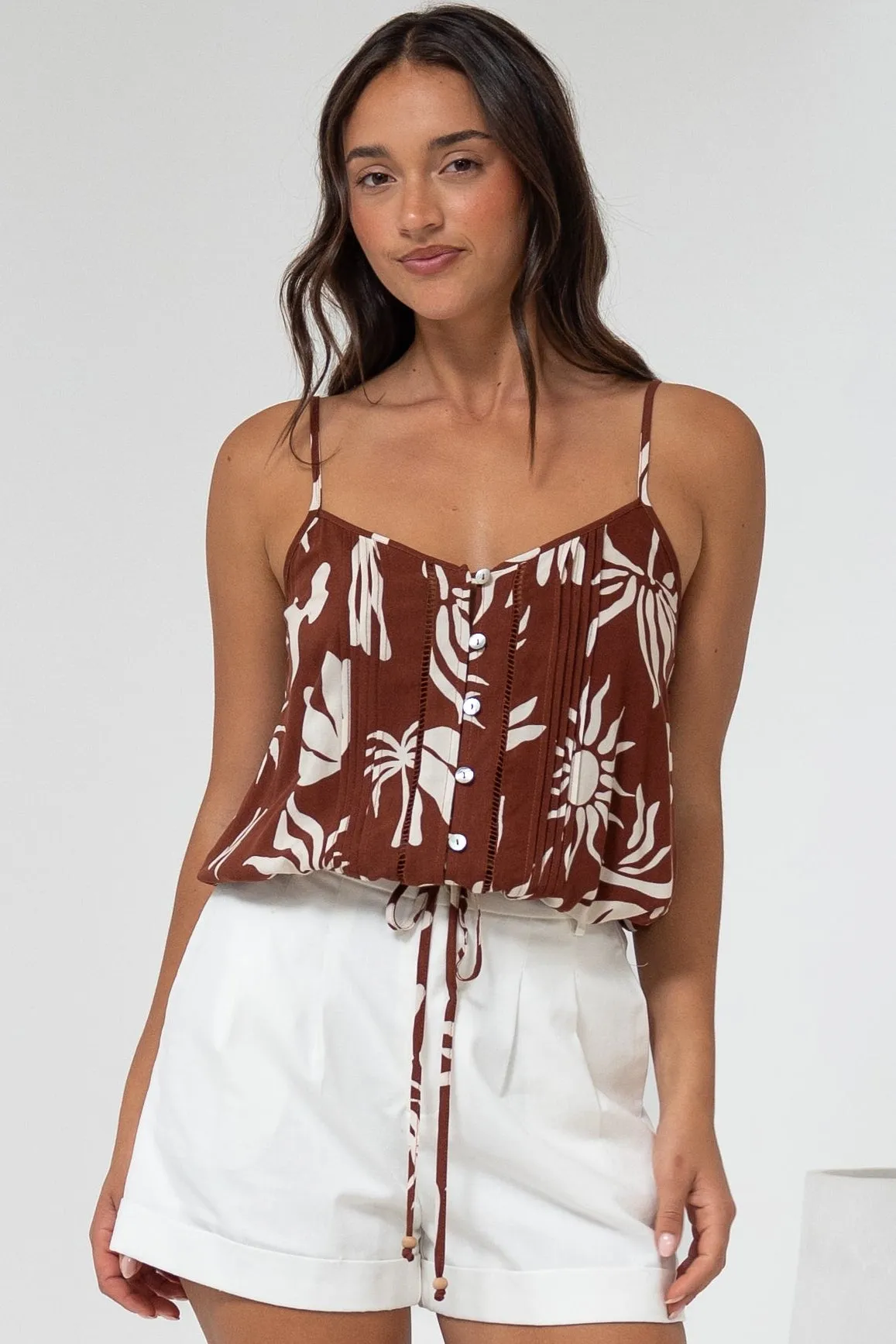 Jade Crop Top - V-Neck Button Down Pull Tie Waist Crop in Stassie Print Brown sold by Salty Crush product image thumbnail 5
