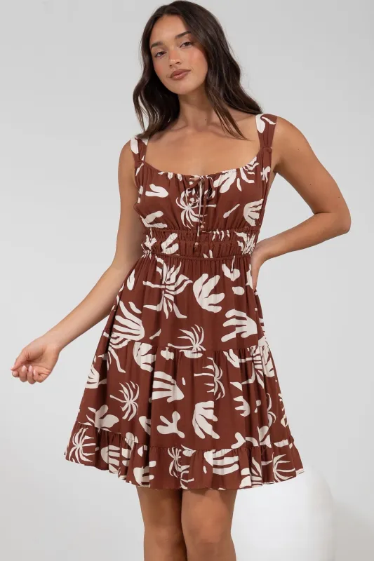 Jessie Mini Dress - Gathered Bodice Spaghetti Strap Sun Dress in Stassie Print Brown sold by Salty Crush