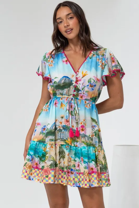 Loisa Mini Dress - Crochet Trim V Neck Dress with Cap Sleeves in Della Print sold by Salty Crush