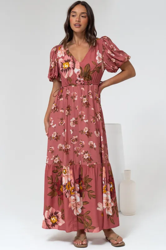 Camilla Maxi Dress - V-Neck Pull Tie Short Sleeve Dress in First Blush Print Mid Pink sold by Salty Crush