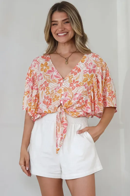 Aideen Top - Flutter Sleeve Tie Up Front Top in Celine Print sold by Salty Crush