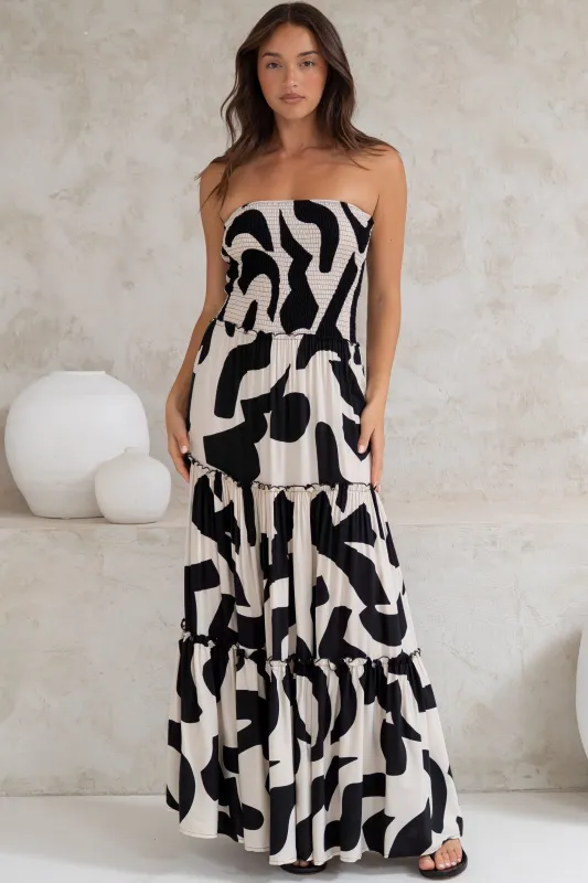 Rhea Maxi Dress - Strapless Ruffle Spliced Tiered Dress in Halsey Print sold by Salty Crush