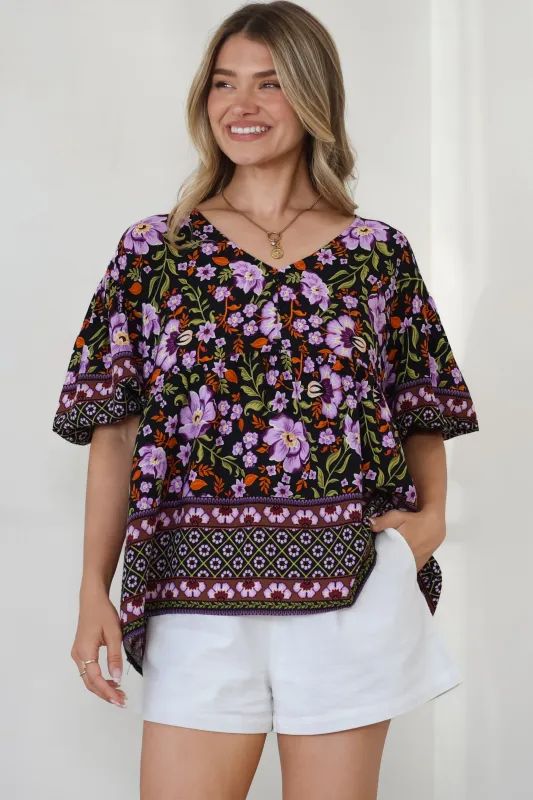 Arlette Blouse - V-Neck Buttoned Bodice Smock Top in Violet Femme Print sold by Salty Crush