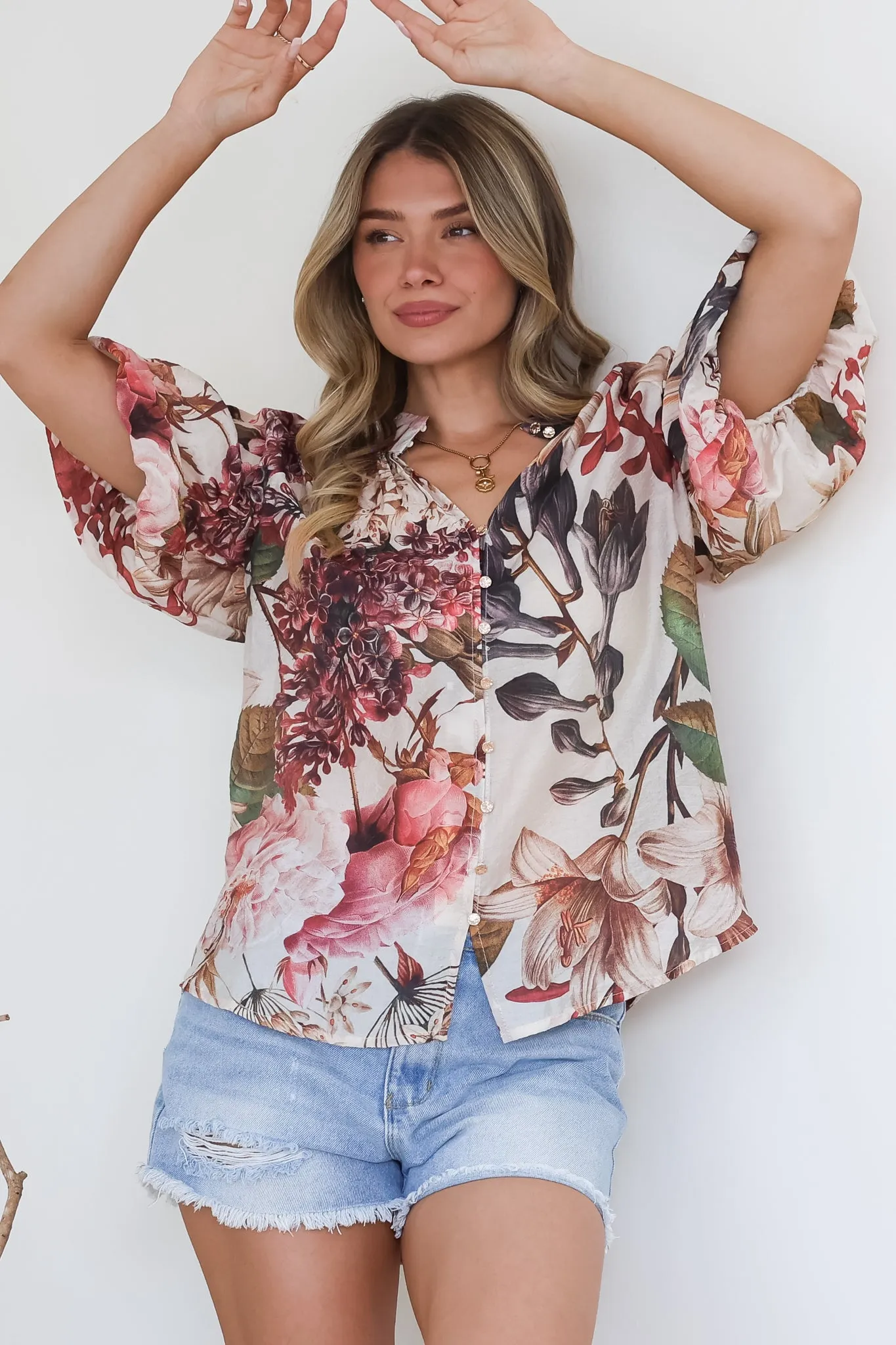 Nayra Blouse - Mandarin Collar Buttoned Down with Puff Sleeves in Leonor Print sold by Salty Crush product image thumbnail 2