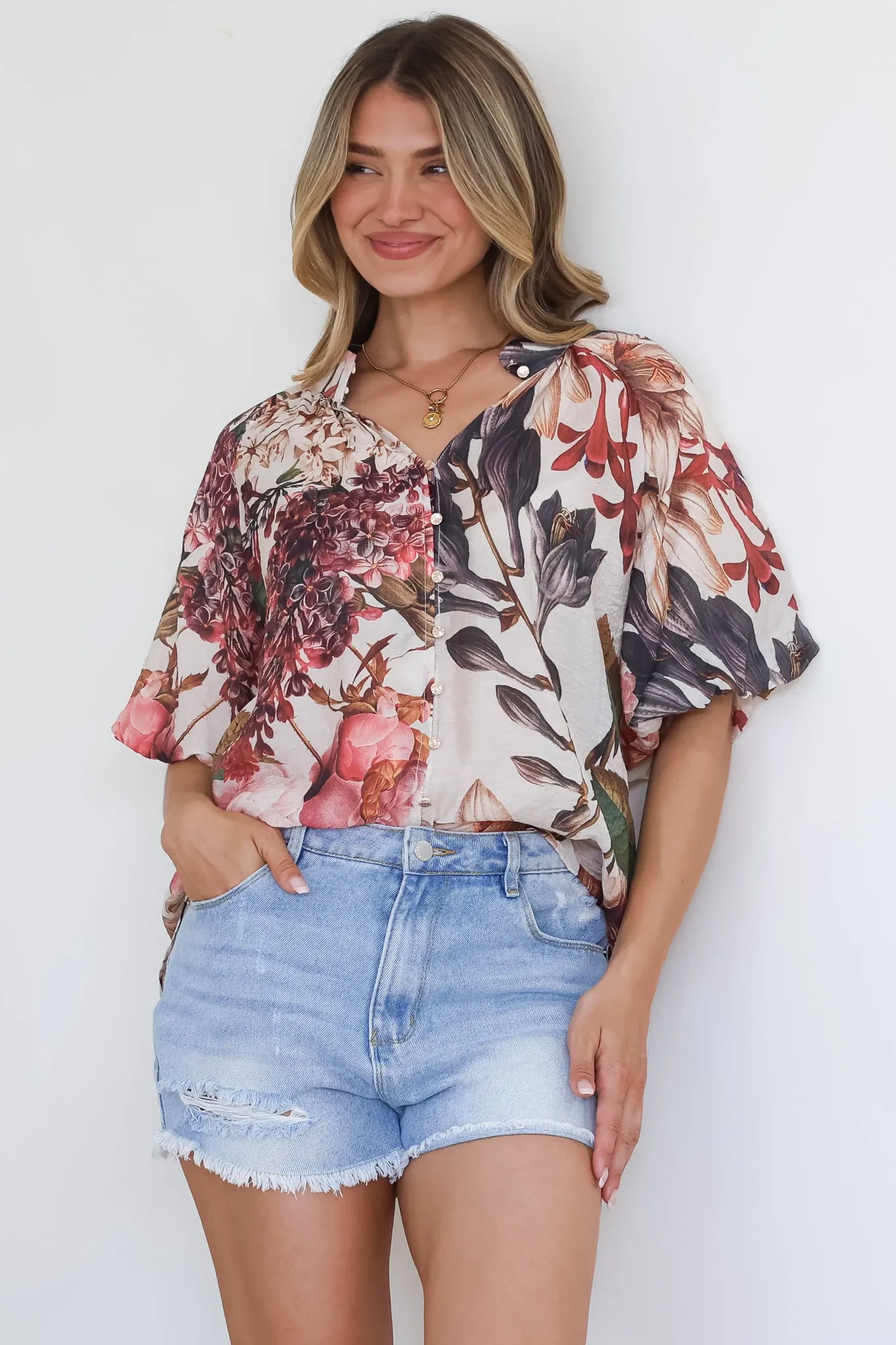 Nayra Blouse - Mandarin Collar Buttoned Down with Puff Sleeves in Leonor Print sold by Salty Crush product image thumbnail 3