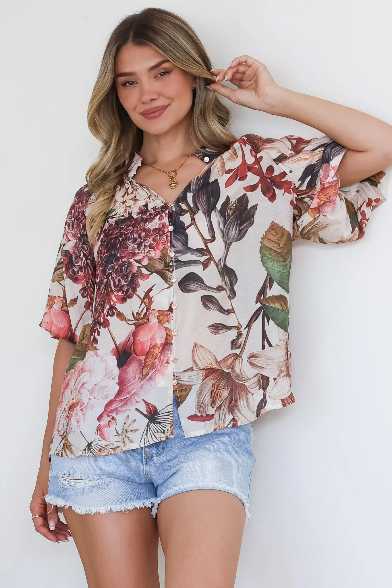 Nayra Blouse - Mandarin Collar Buttoned Down with Puff Sleeves in Leonor Print sold by Salty Crush product image thumbnail 4