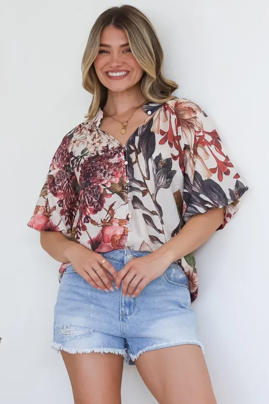 Nayra Blouse - Mandarin Collar Buttoned Down with Puff Sleeves in Leonor Print sold by Salty Crush