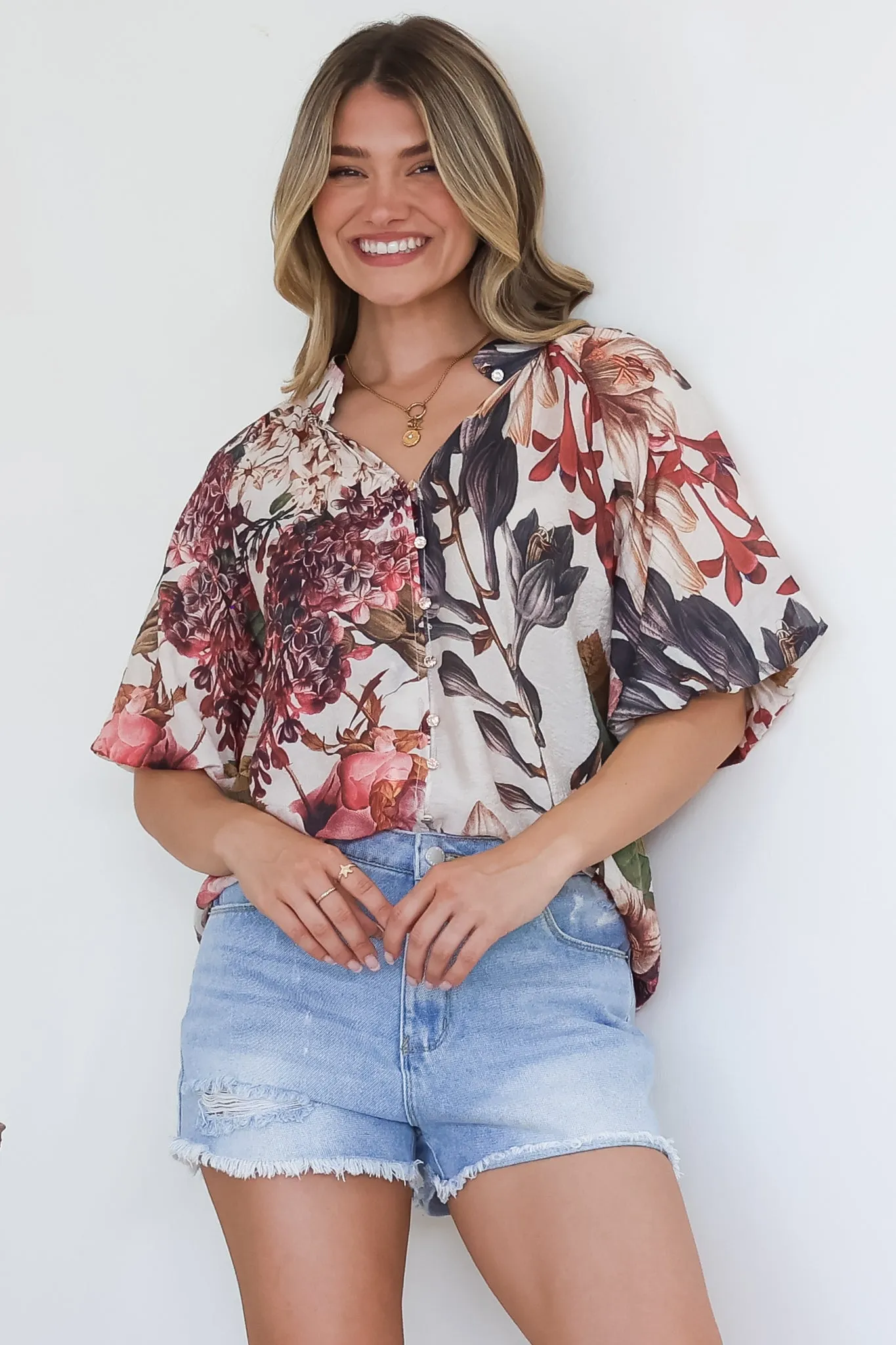 Nayra Blouse - Mandarin Collar Buttoned Down with Puff Sleeves in Leonor Print sold by Salty Crush