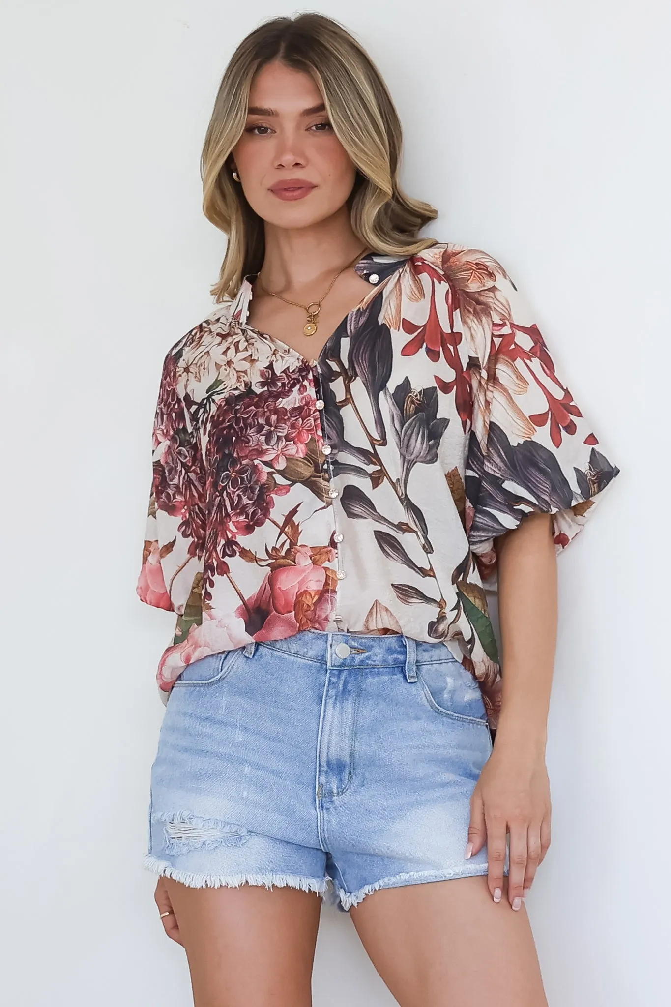 Nayra Blouse - Mandarin Collar Buttoned Down with Puff Sleeves in Leonor Print sold by Salty Crush product image thumbnail 5