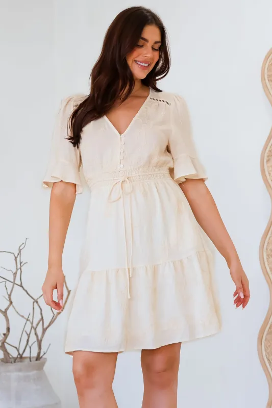 Truese Mini Dress - A-Line Dress with Short Ruffle Sleeves in Cream Embroidery sold by Salty Crush