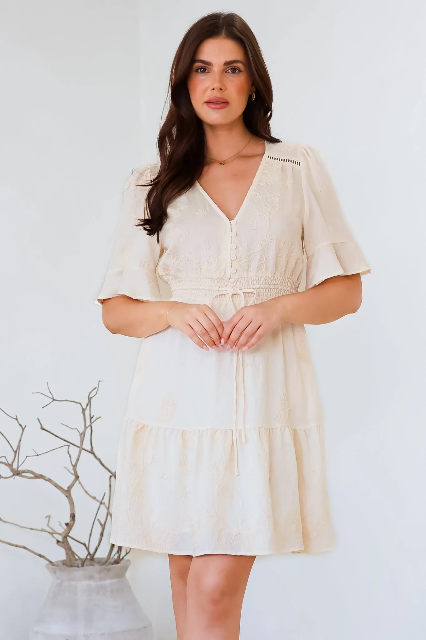 Truese Mini Dress - A-Line Dress with Short Ruffle Sleeves in Cream Embroidery sold by Salty Crush product image thumbnail 2
