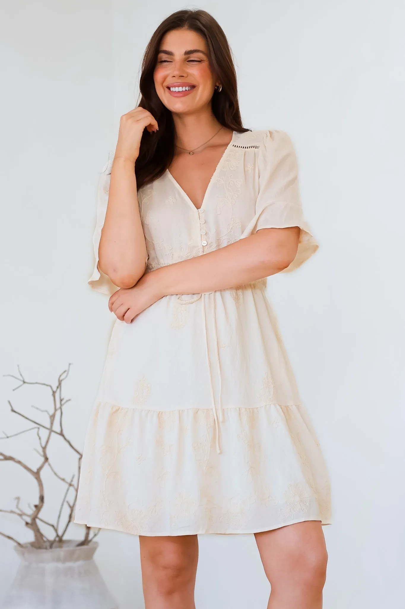 Truese Mini Dress - A-Line Dress with Short Ruffle Sleeves in Cream Embroidery sold by Salty Crush product image thumbnail 4