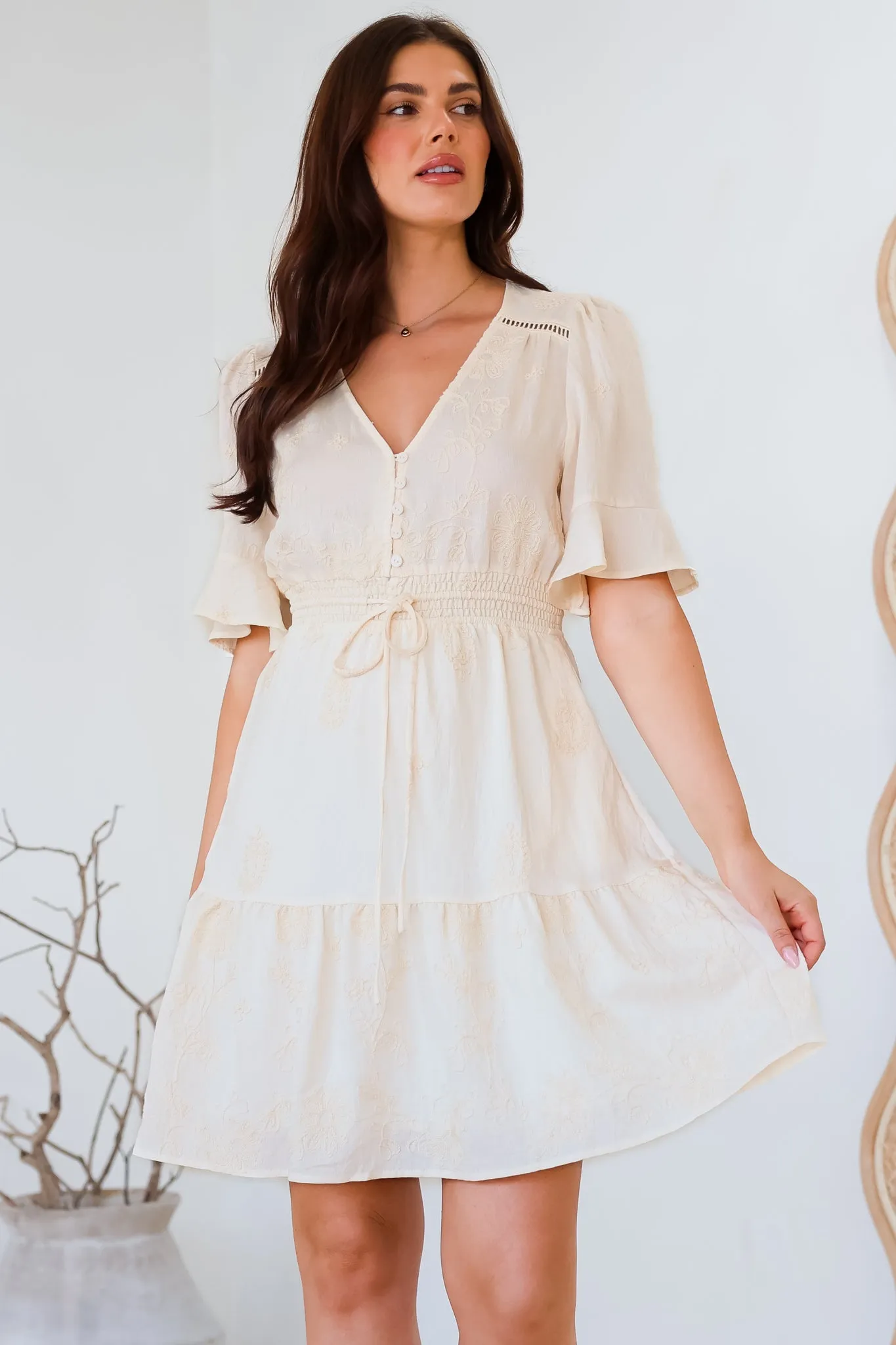 Truese Mini Dress - A-Line Dress with Short Ruffle Sleeves in Cream Embroidery sold by Salty Crush product image thumbnail 3
