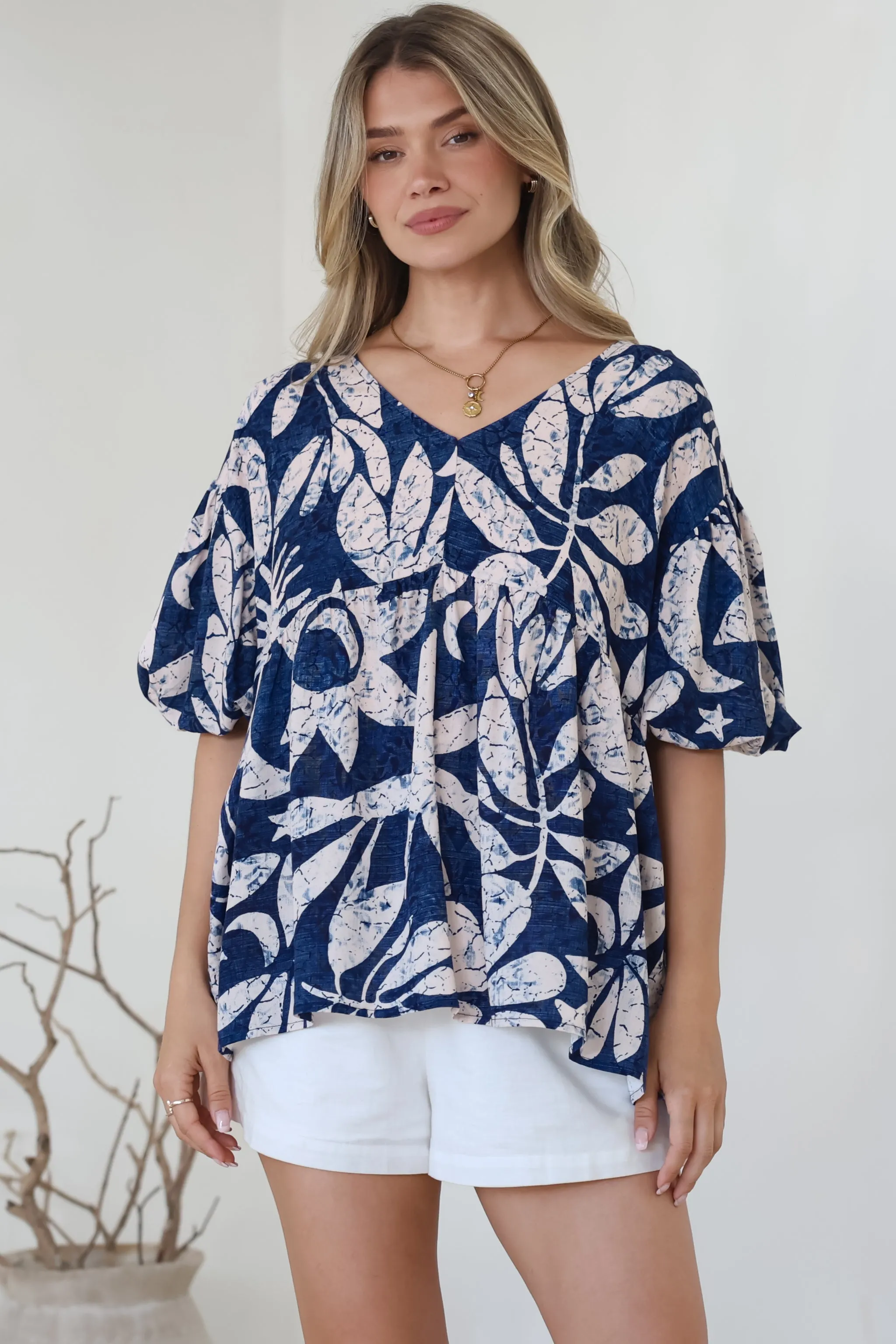 Amalia Blouse - V-Neck Smock Top with Balloon Sleeves in Moonshadow Print sold by Salty Crush product image thumbnail 5