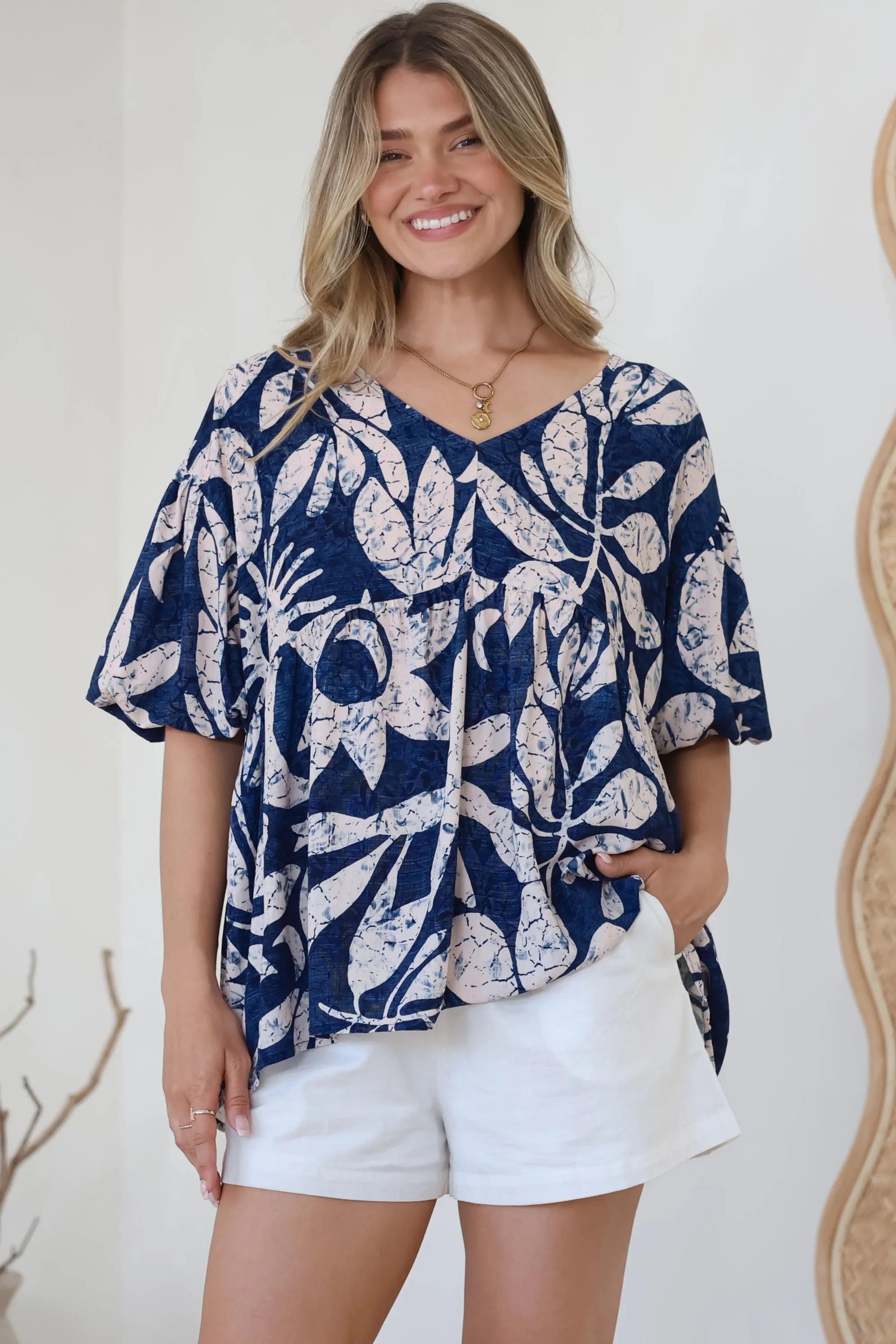 Amalia Blouse - V-Neck Smock Top with Balloon Sleeves in Moonshadow Print sold by Salty Crush product image thumbnail 4