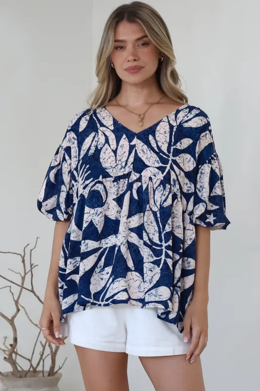 Amalia Blouse - V-Neck Smock Top with Balloon Sleeves in Moonshadow Print sold by Salty Crush
