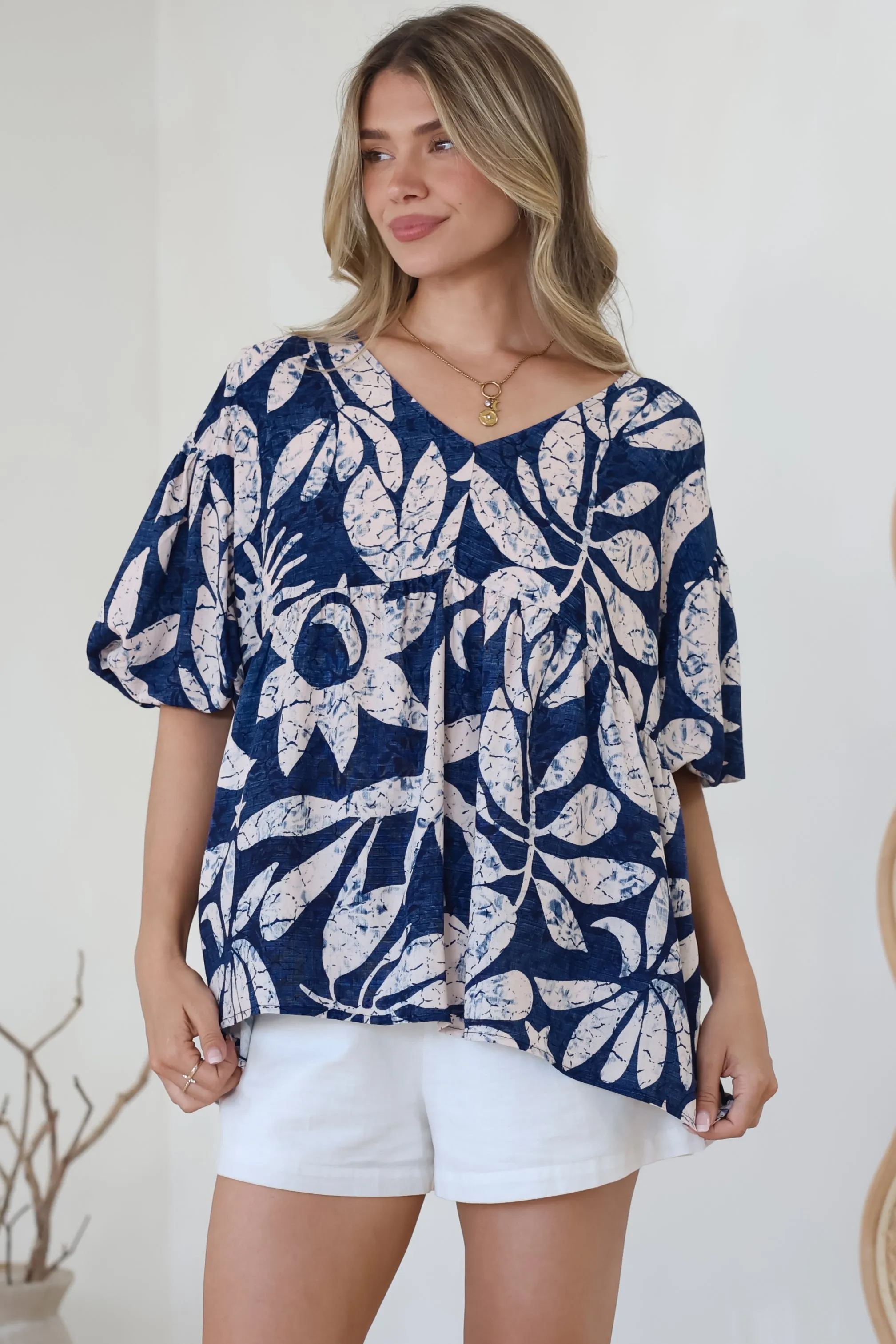 Amalia Blouse - V-Neck Smock Top with Balloon Sleeves in Moonshadow Print sold by Salty Crush product image thumbnail 2