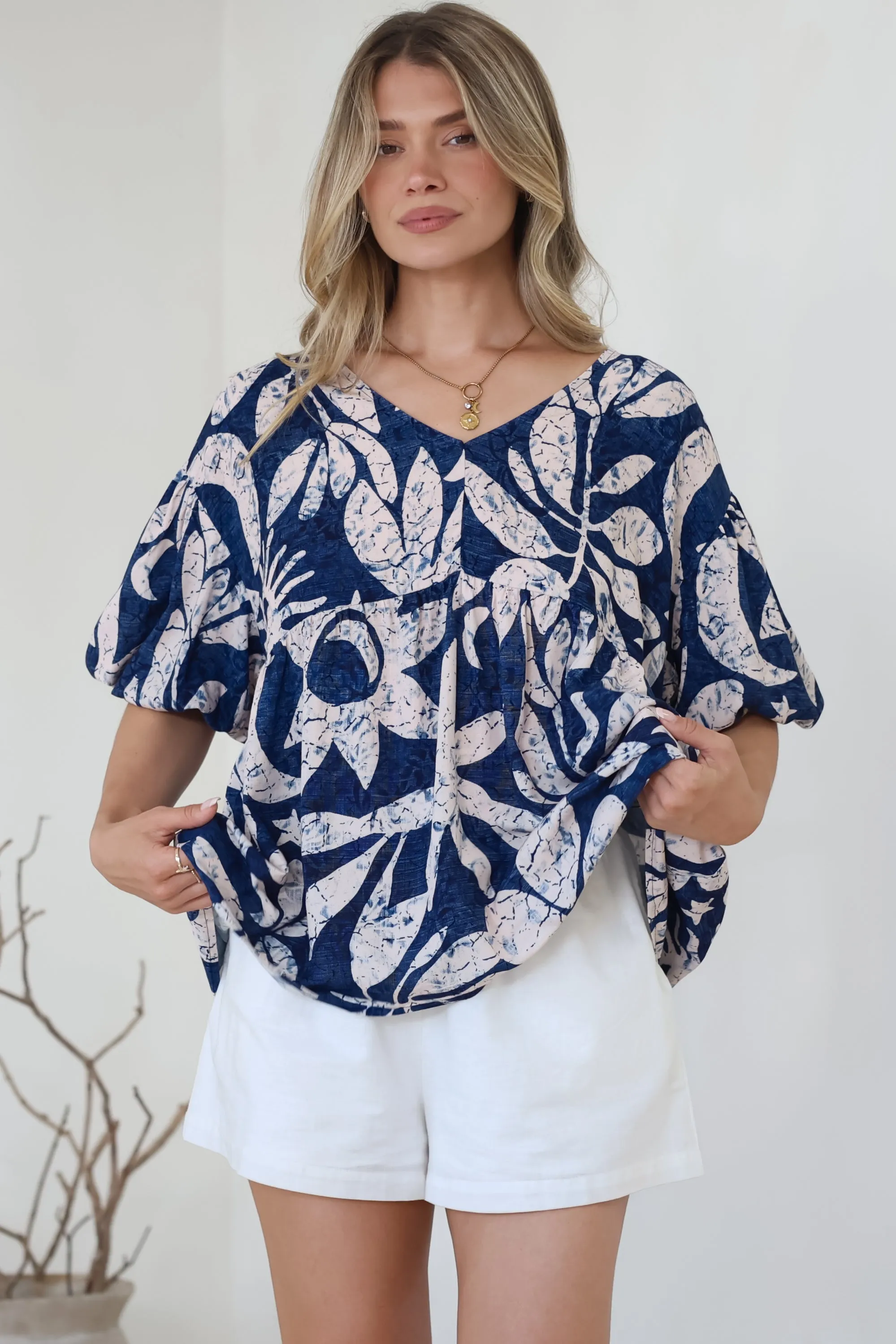 Amalia Blouse - V-Neck Smock Top with Balloon Sleeves in Moonshadow Print sold by Salty Crush product image thumbnail 3