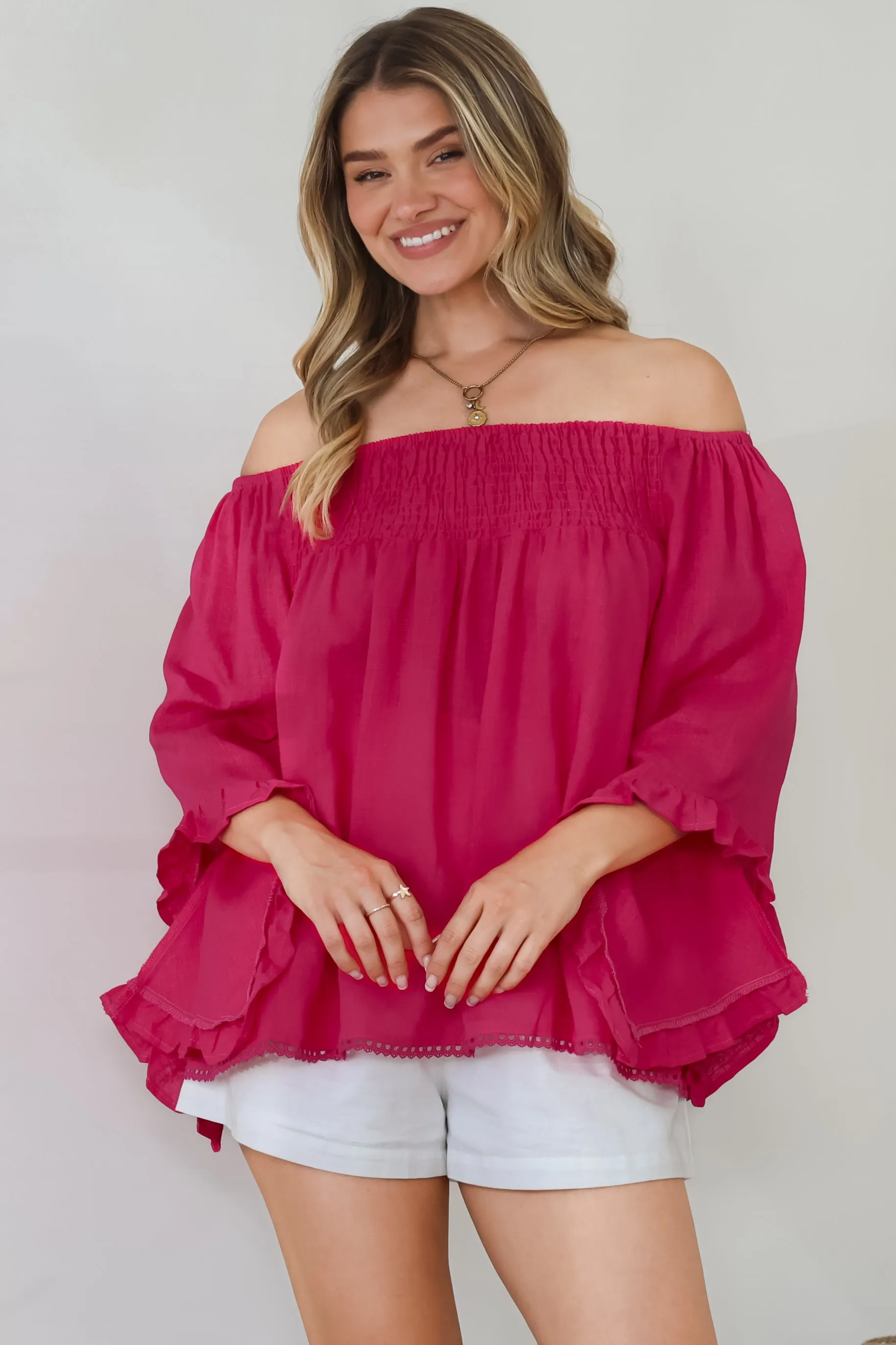 Aviva Top - Off Shoulder Handkerchief Sleeve Pull Over in Hot Pink sold by Salty Crush product image thumbnail 3