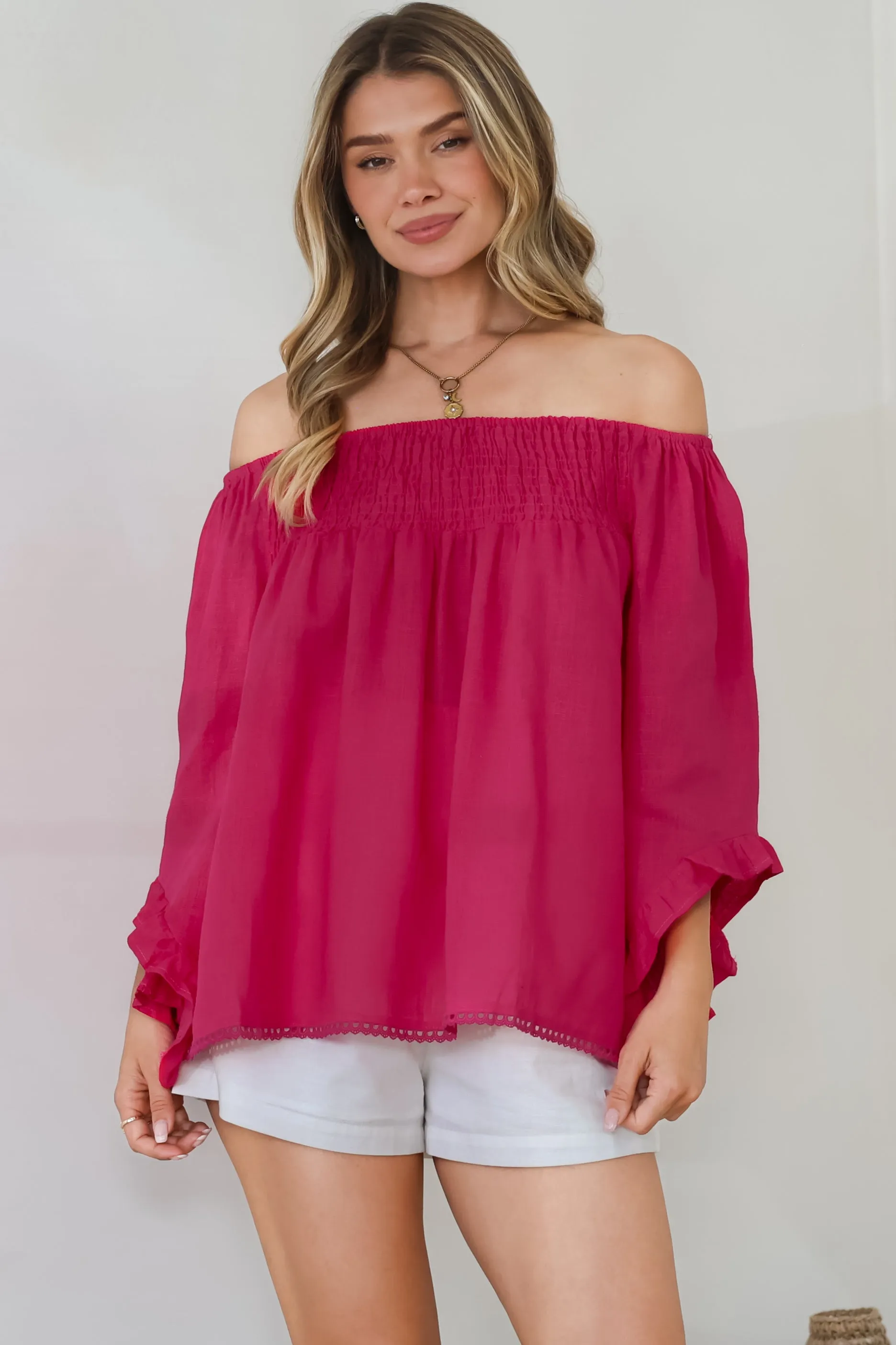Aviva Top - Off Shoulder Handkerchief Sleeve Pull Over in Hot Pink sold by Salty Crush product image thumbnail 5