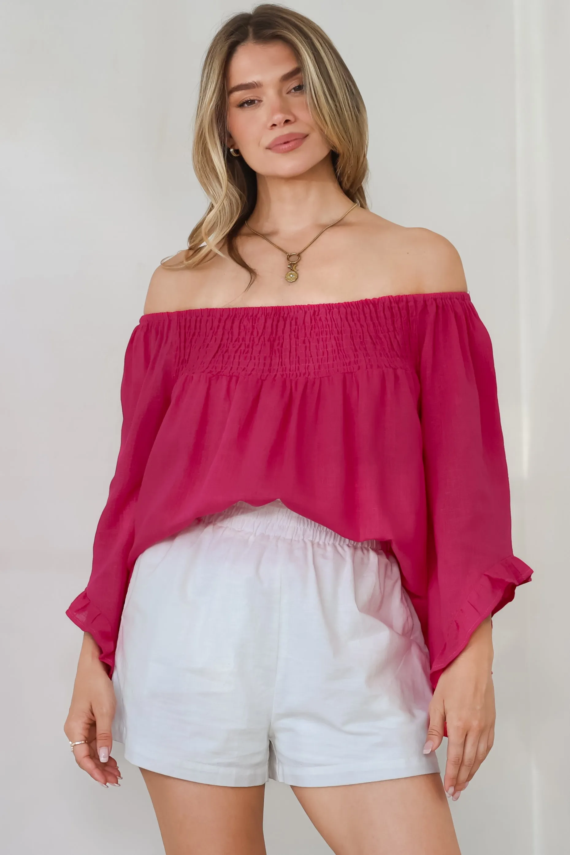 Aviva Top - Off Shoulder Handkerchief Sleeve Pull Over in Hot Pink sold by Salty Crush product image thumbnail 2