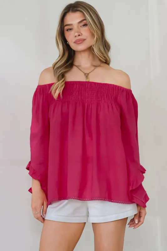 Aviva Top - Off Shoulder Handkerchief Sleeve Pull Over in Hot Pink sold by Salty Crush