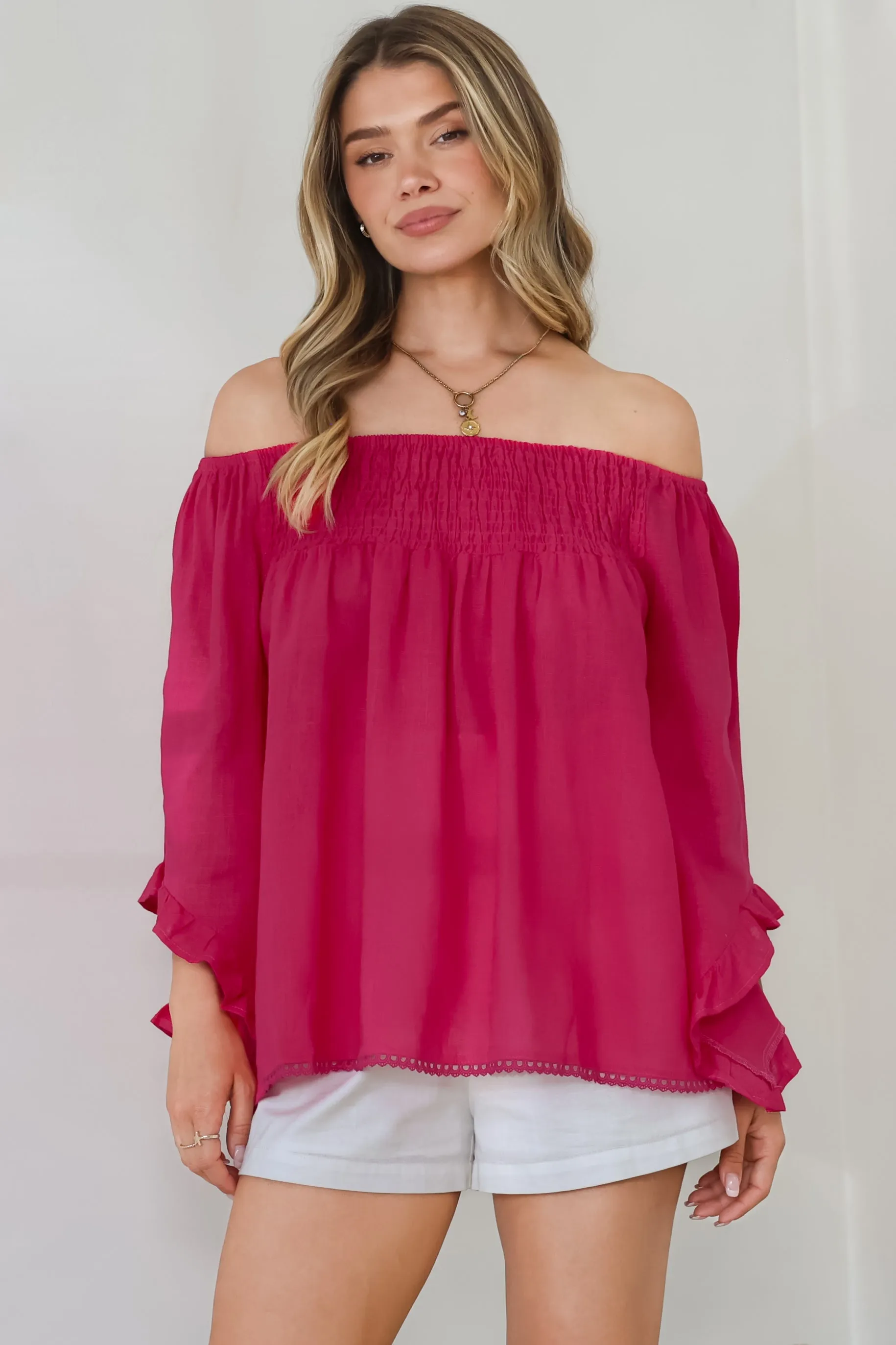 Aviva Top - Off Shoulder Handkerchief Sleeve Pull Over in Hot Pink sold by Salty Crush