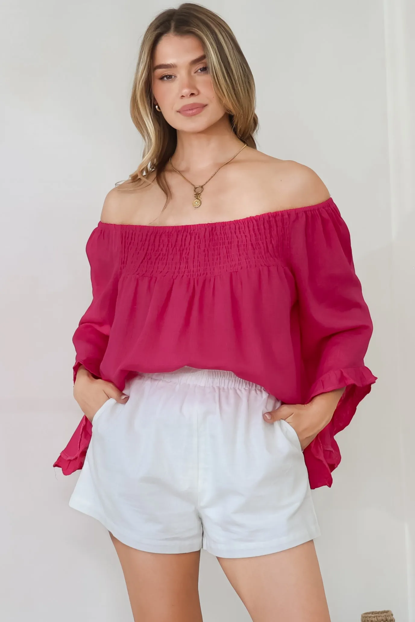 Aviva Top - Off Shoulder Handkerchief Sleeve Pull Over in Hot Pink sold by Salty Crush product image thumbnail 4