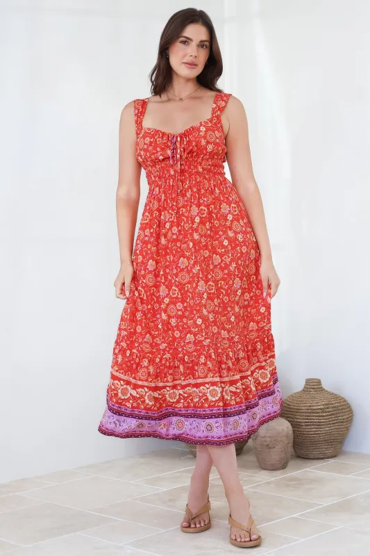 Nyra Midi Dress - Thick Strap Tie at Neckline A-Line Sun Dress in Maevi Print sold by Salty Crush