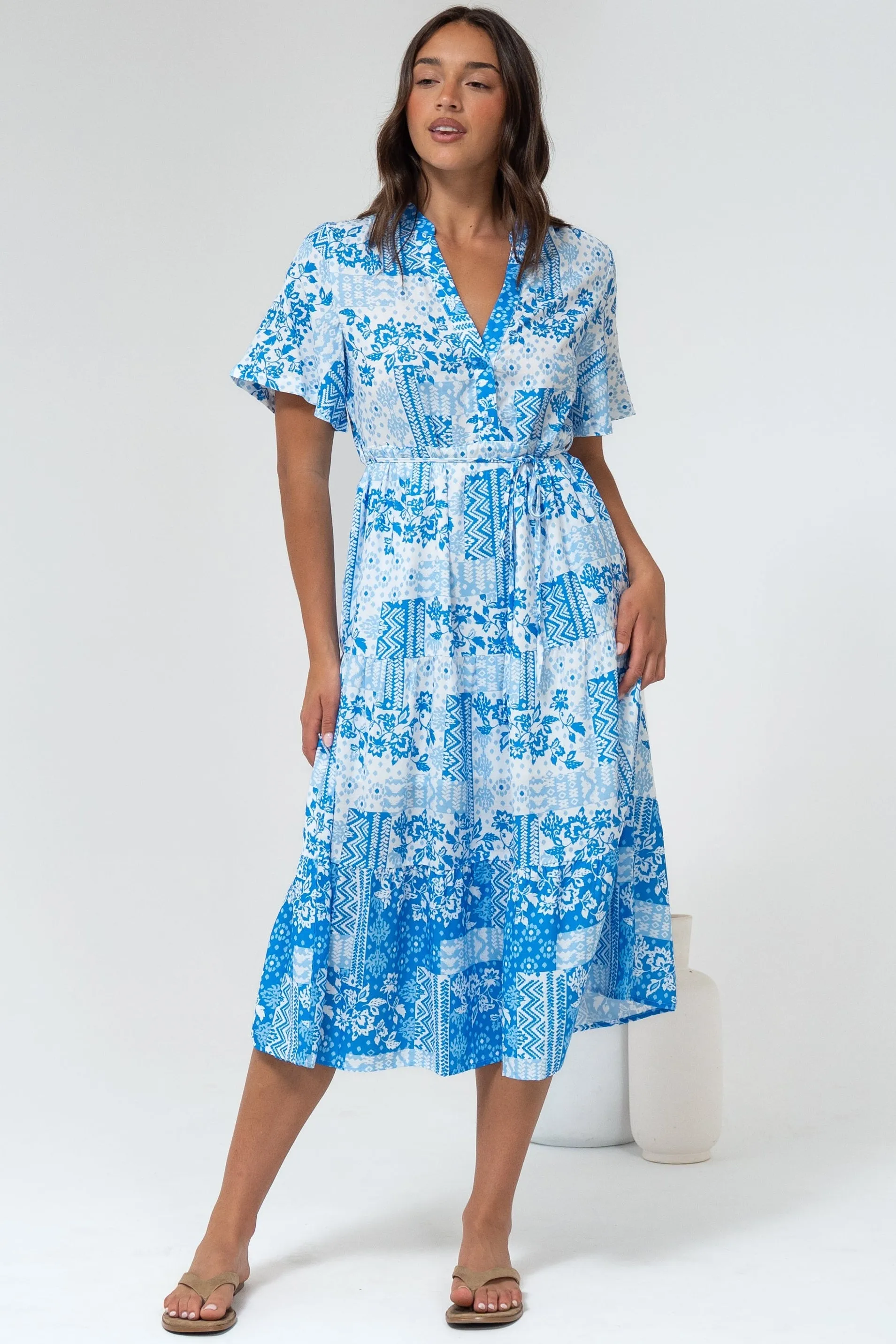 Sharni Midi Dress - V-Neck Shift Dress with Waist Tie in Hilton Print Blue sold by Salty Crush product image thumbnail 2