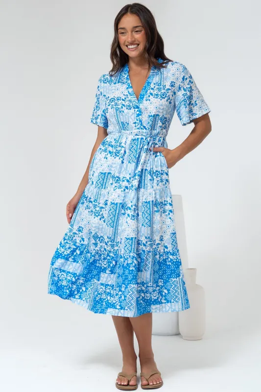 Sharni Midi Dress - V-Neck Shift Dress with Waist Tie in Hilton Print Blue sold by Salty Crush