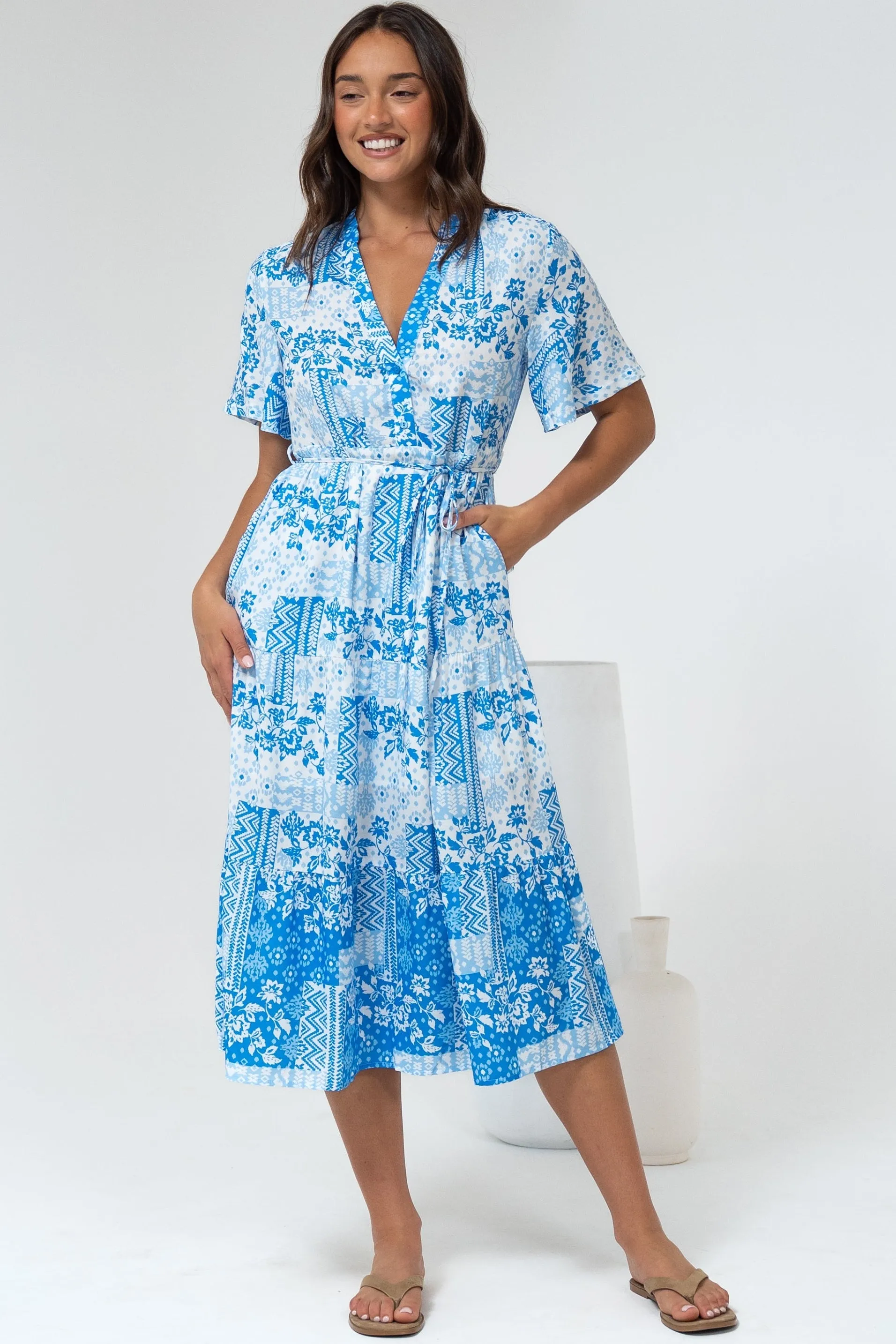 Sharni Midi Dress - V-Neck Shift Dress with Waist Tie in Hilton Print Blue sold by Salty Crush product image thumbnail 5