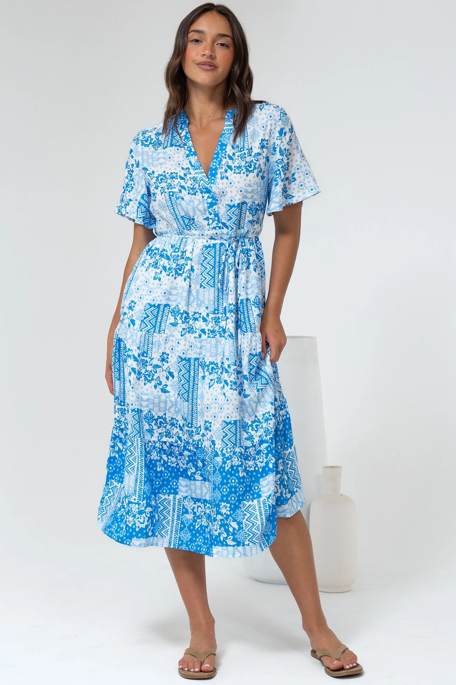 Sharni Midi Dress - V-Neck Shift Dress with Waist Tie in Hilton Print Blue sold by Salty Crush product image thumbnail 3
