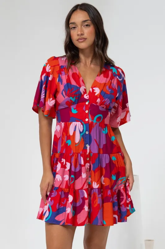 Sana Mini Dress - Bell Sleeve Button Down V Neck Dress in Talina Print sold by Salty Crush