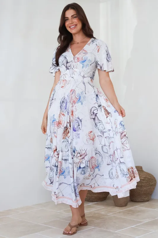 Libby Maxi Dress - Flutter Cap Sleeve Button Waist Detailed A Line Dress in Zodiac Print sold by Salty Crush