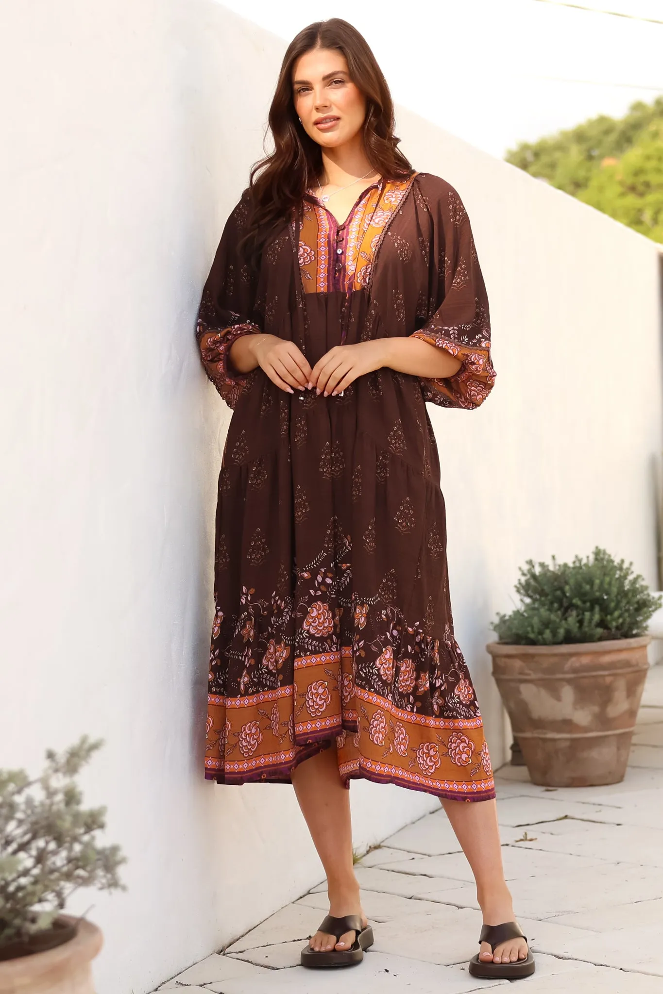 Kamali Midi Dress - Batwing Sleeve Smock Dress with Lace Detailing in Ruyi Print Brown sold by Salty Crush product image thumbnail 4