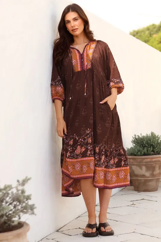 Kamali Midi Dress - Batwing Sleeve Smock Dress with Lace Detailing in Ruyi Print Brown sold by Salty Crush