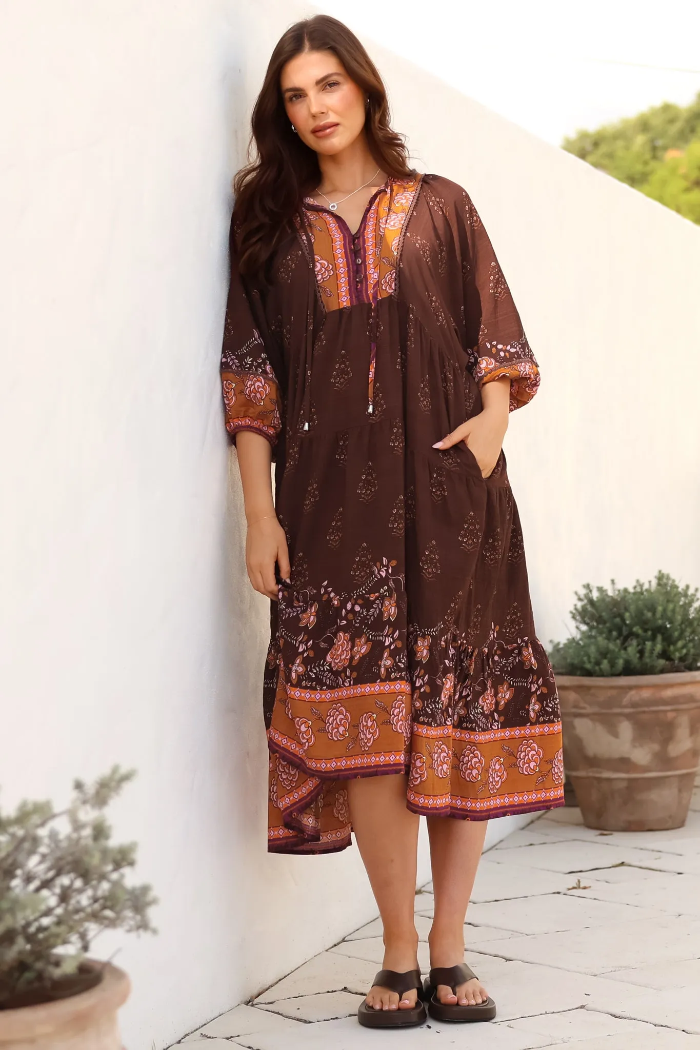 Kamali Midi Dress - Batwing Sleeve Smock Dress with Lace Detailing in Ruyi Print Brown sold by Salty Crush