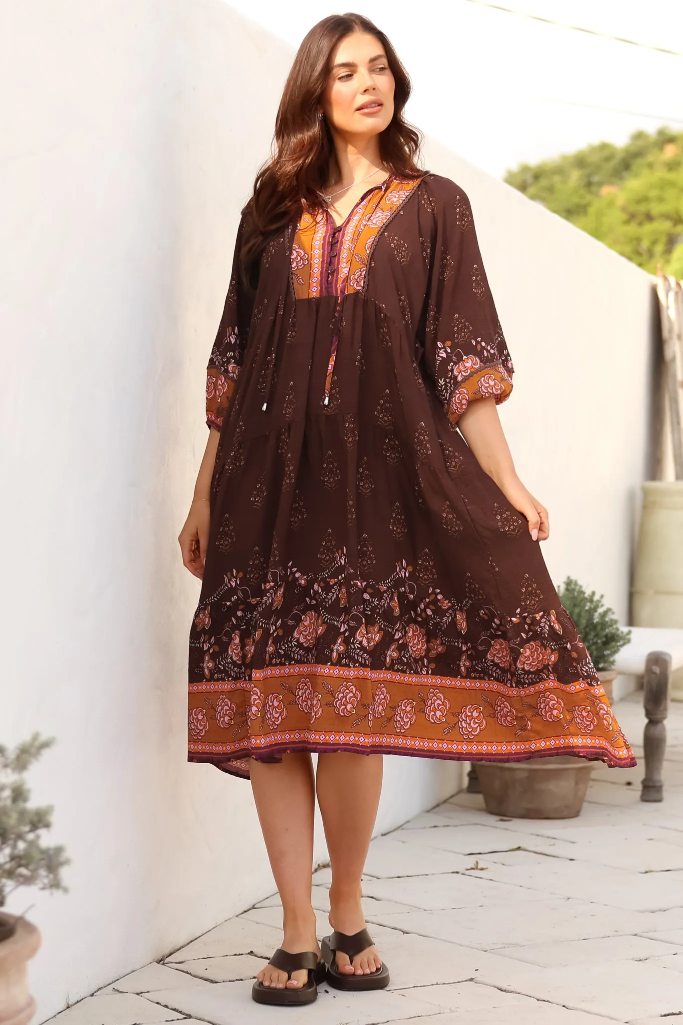 Kamali Midi Dress - Batwing Sleeve Smock Dress with Lace Detailing in Ruyi Print Brown sold by Salty Crush product image thumbnail 3