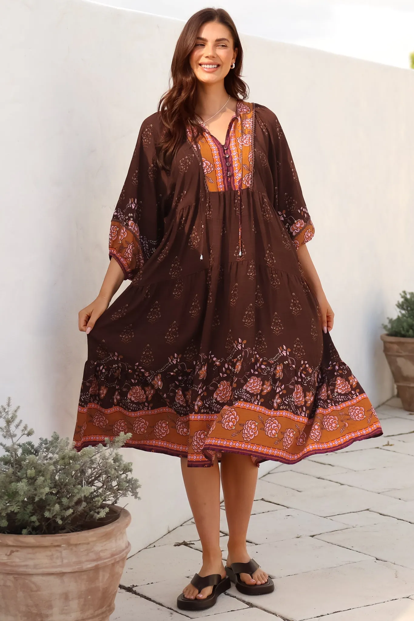 Kamali Midi Dress - Batwing Sleeve Smock Dress with Lace Detailing in Ruyi Print Brown sold by Salty Crush product image thumbnail 2
