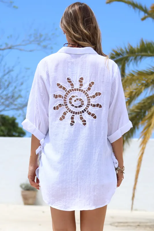 Corina Shirt - Relaxed Button Down Shirt with Sun Hollow-Out Back Decal in White sold by Salty Crush