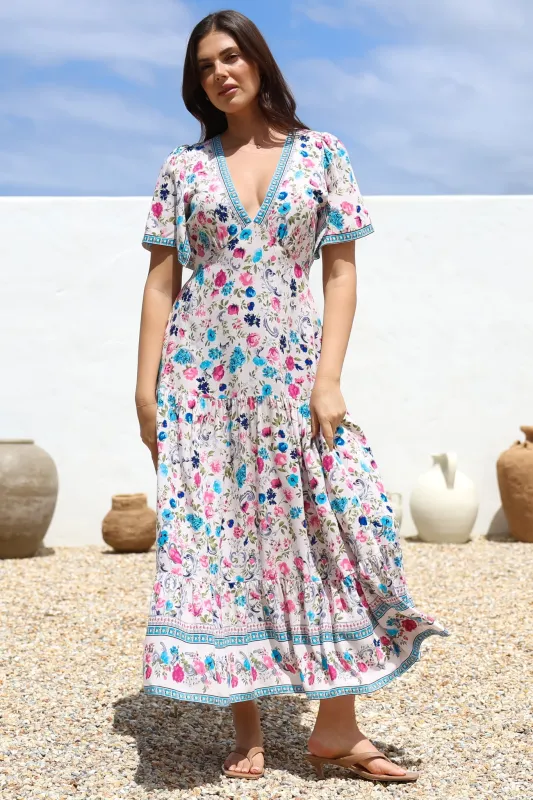 Amity Maxi Dress - V-Neck Empire Line Dress with Flutter Sleeves in Gardner Print sold by Salty Crush