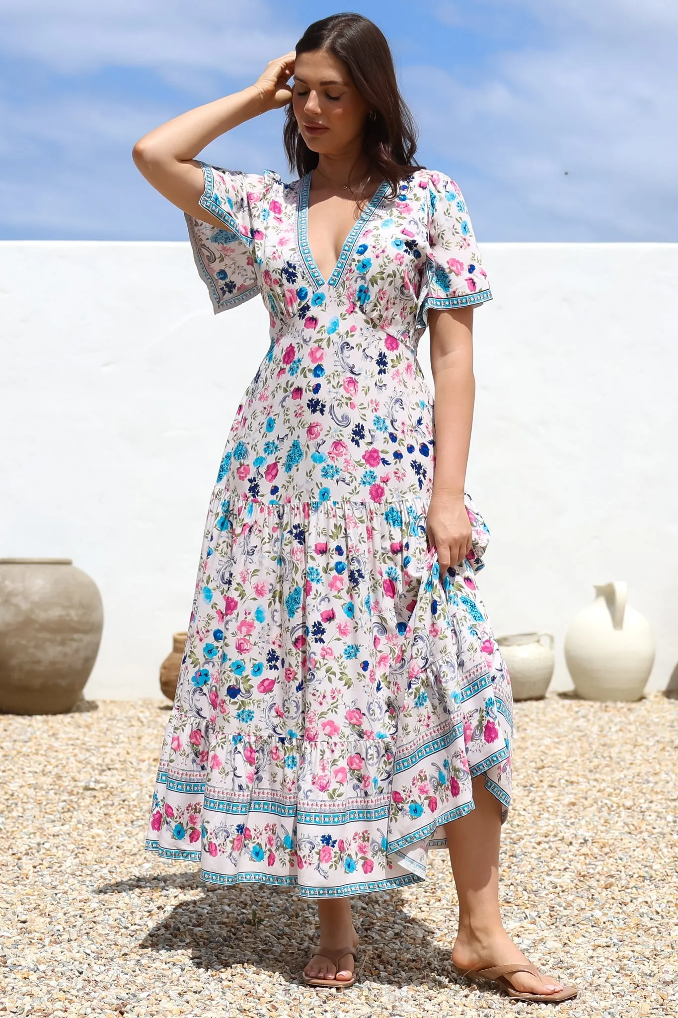 Amity Maxi Dress - V-Neck Empire Line Dress with Flutter Sleeves in Gardner Print sold by Salty Crush product image thumbnail 3