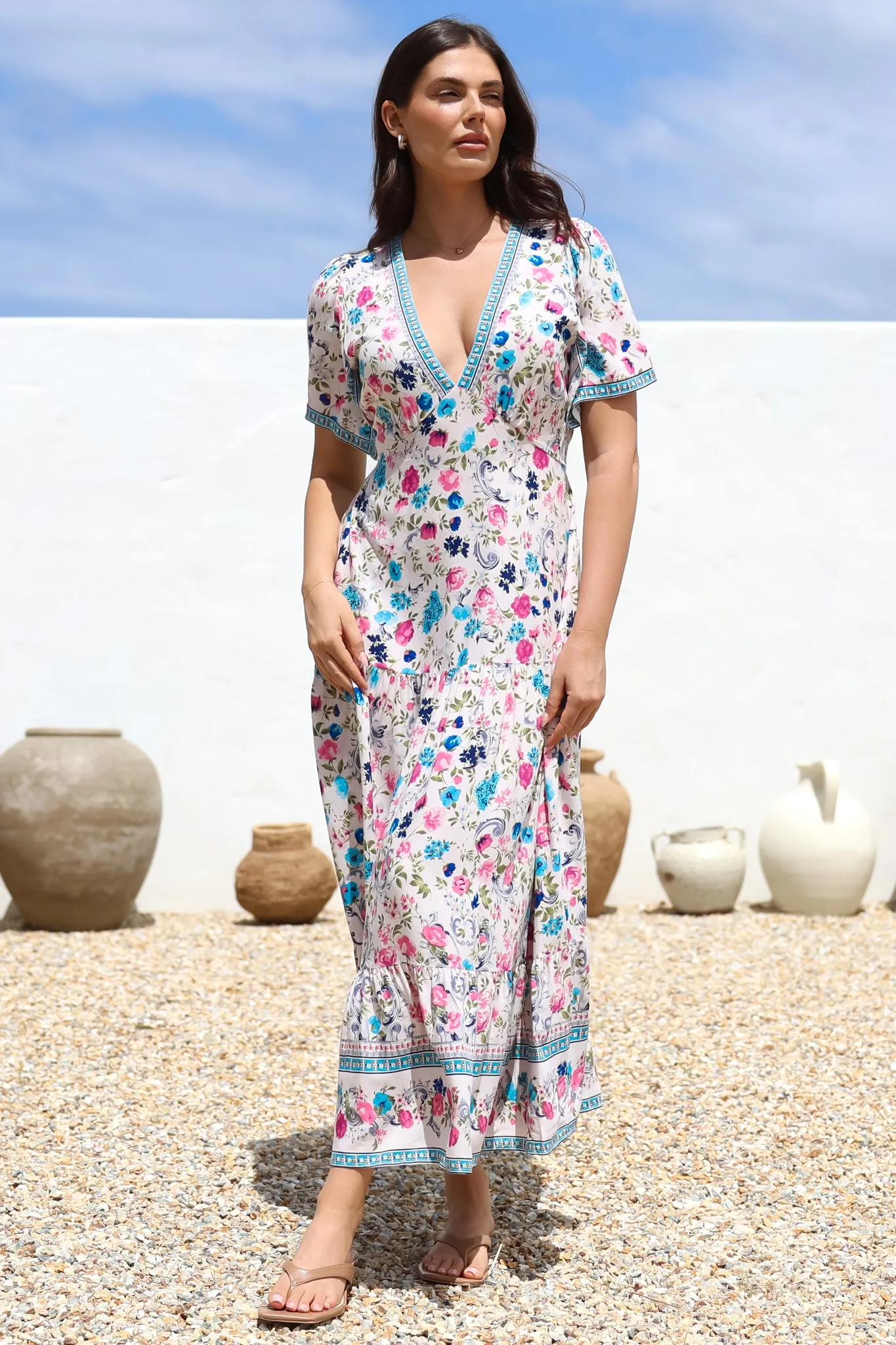 Amity Maxi Dress - V-Neck Empire Line Dress with Flutter Sleeves in Gardner Print sold by Salty Crush product image thumbnail 5