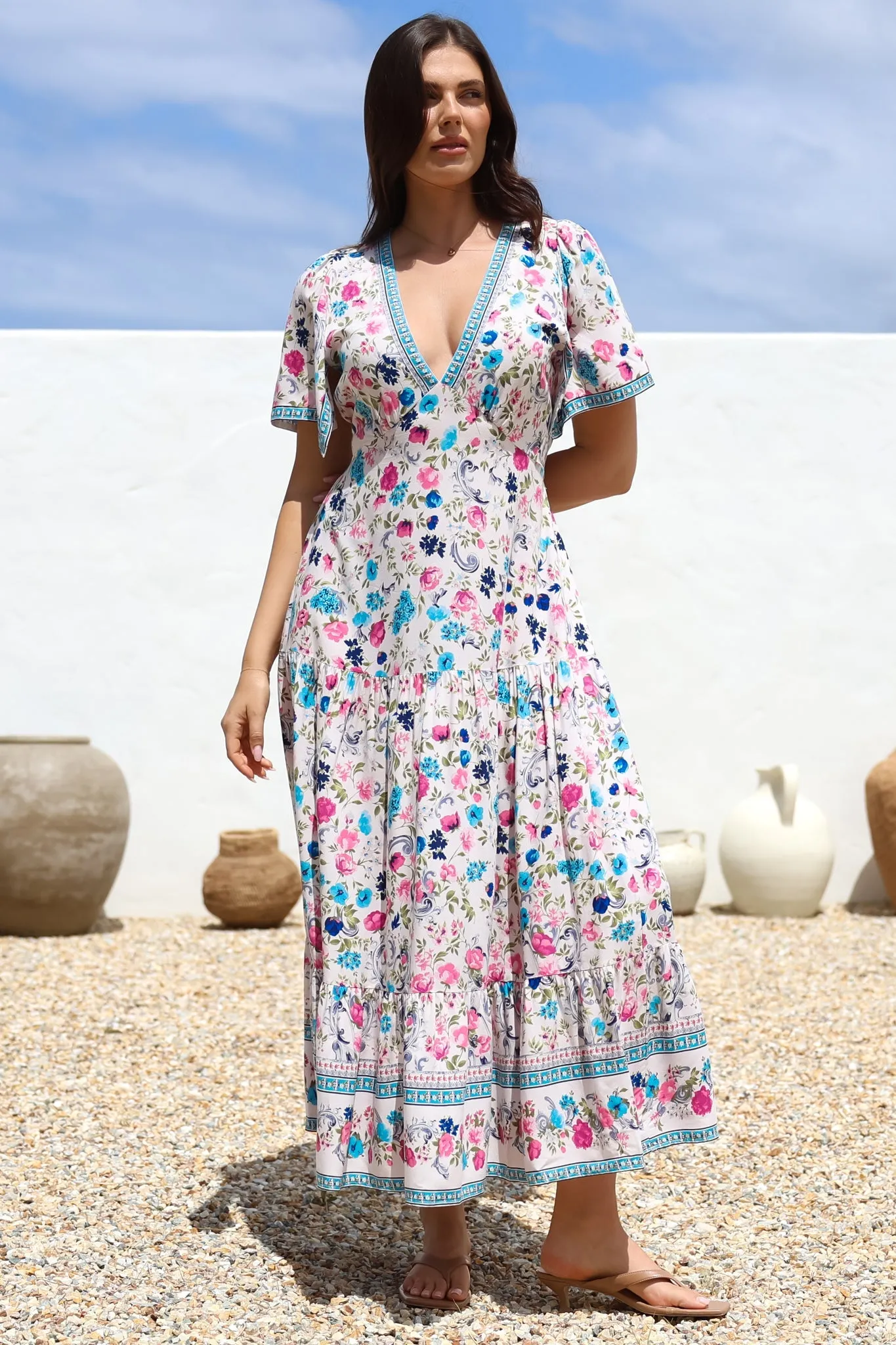 Amity Maxi Dress - V-Neck Empire Line Dress with Flutter Sleeves in Gardner Print sold by Salty Crush product image thumbnail 4