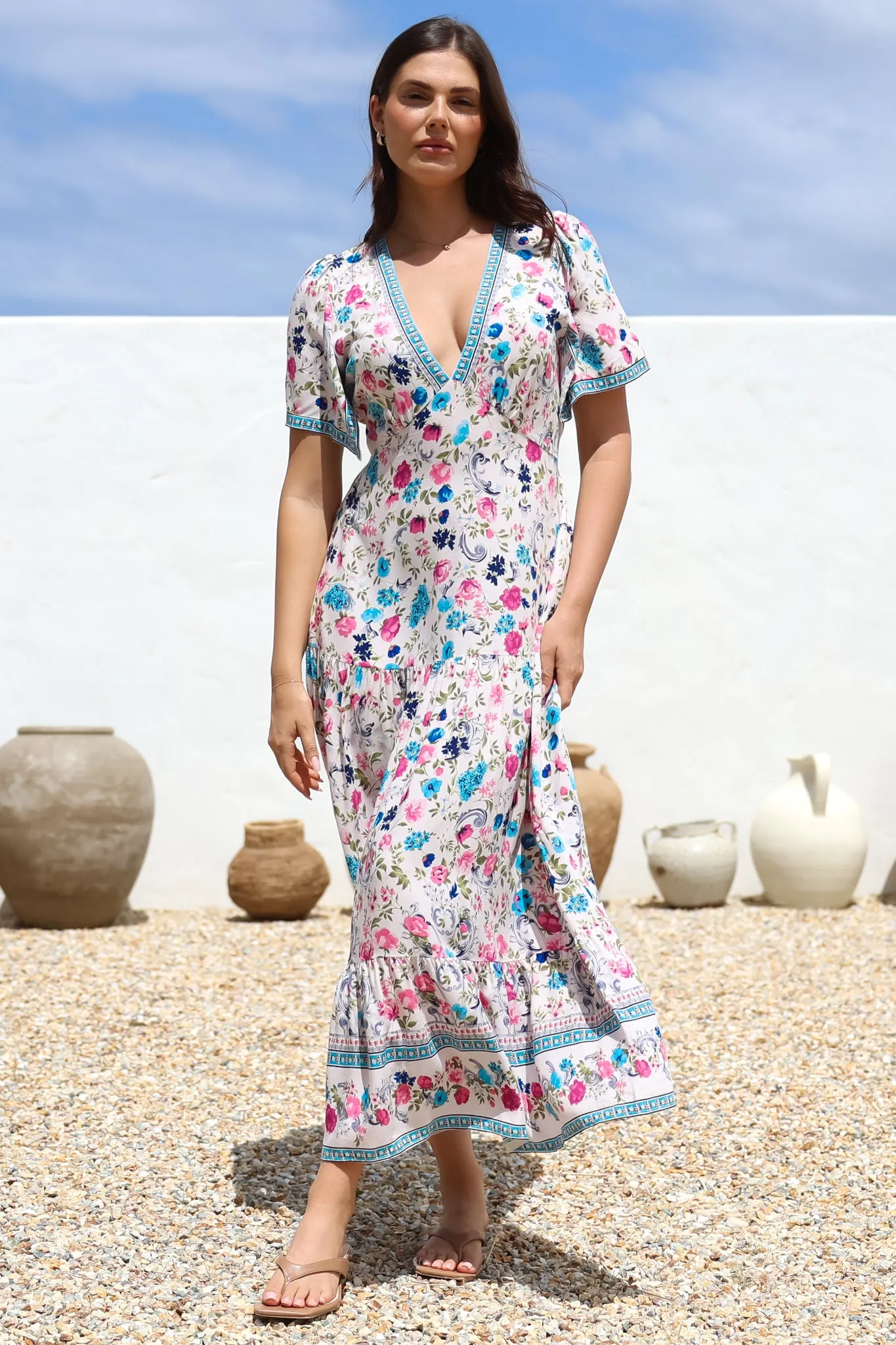 Amity Maxi Dress - V-Neck Empire Line Dress with Flutter Sleeves in Gardner Print sold by Salty Crush product image thumbnail 2