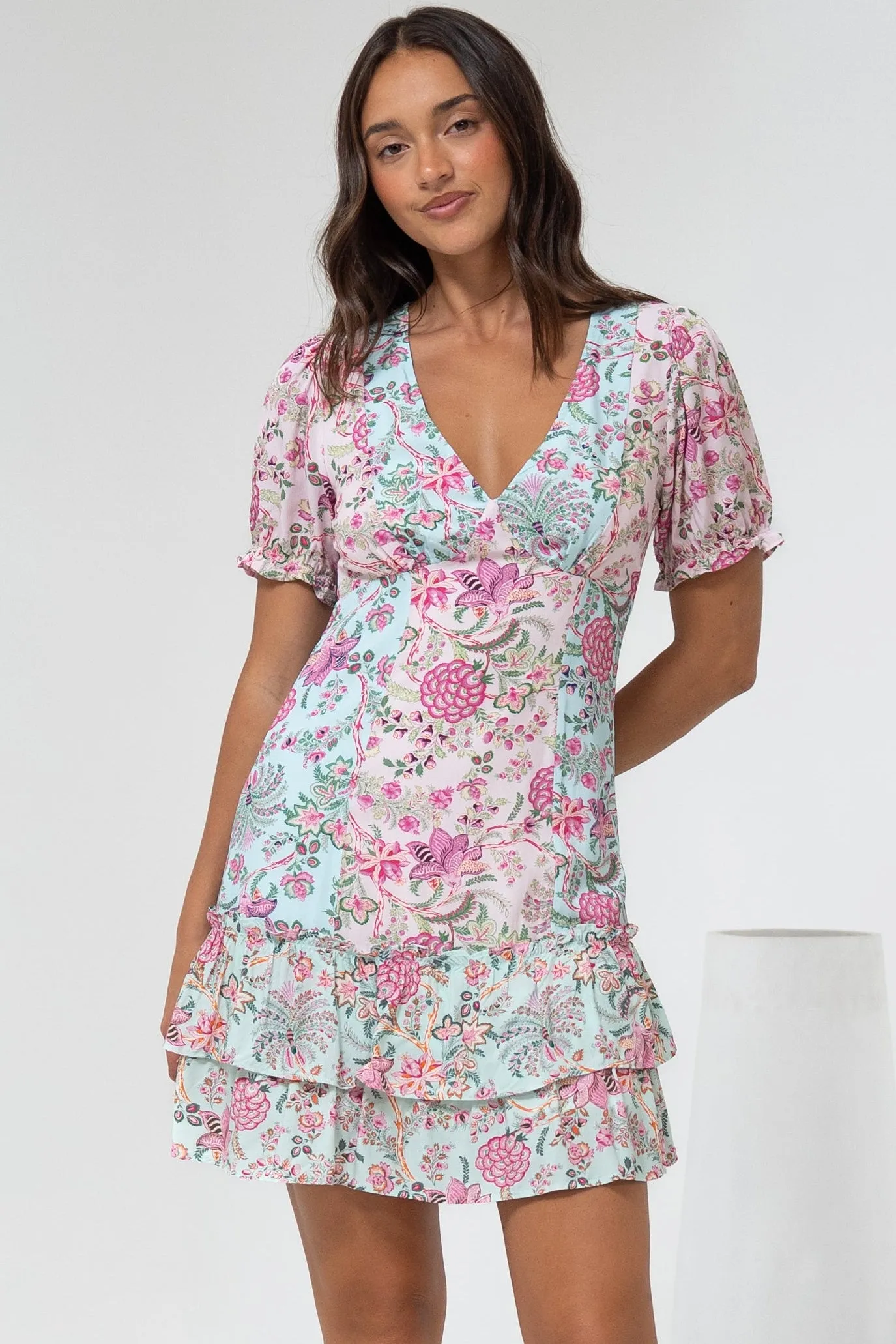 Jeannie Mini Dress - A Line Dress with Puff Sleeves in Spriggie Print Green sold by Salty Crush product image thumbnail 2