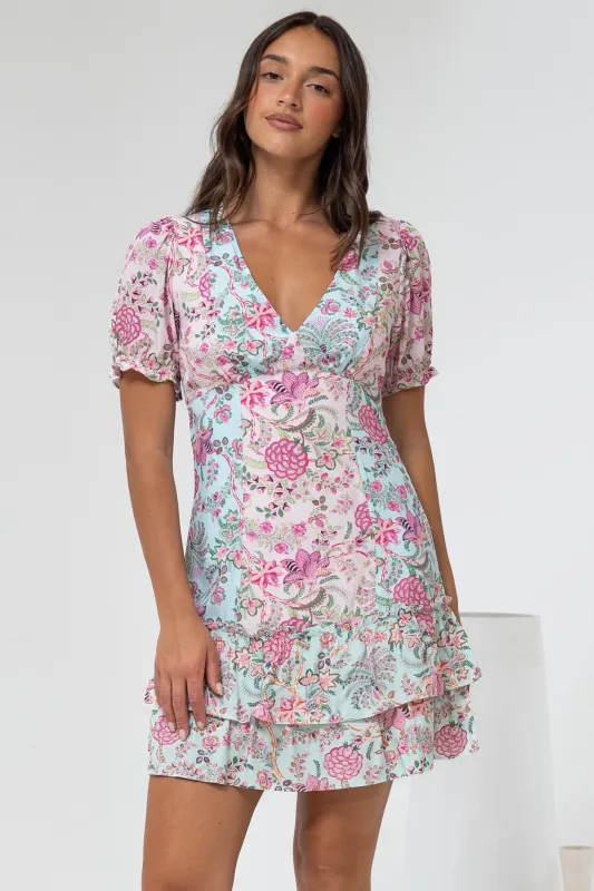 Jeannie Mini Dress - A Line Dress with Puff Sleeves in Spriggie Print Green sold by Salty Crush