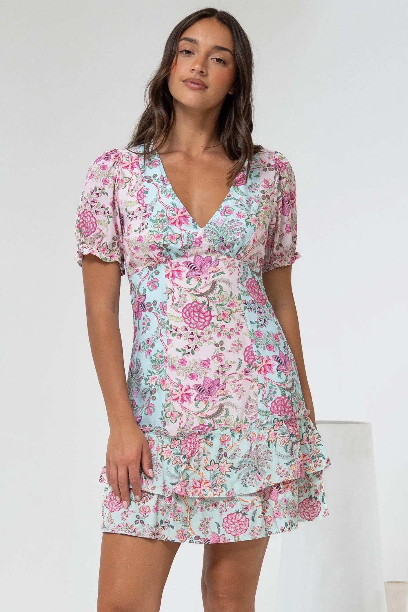 Jeannie Mini Dress - A Line Dress with Puff Sleeves in Spriggie Print Green sold by Salty Crush