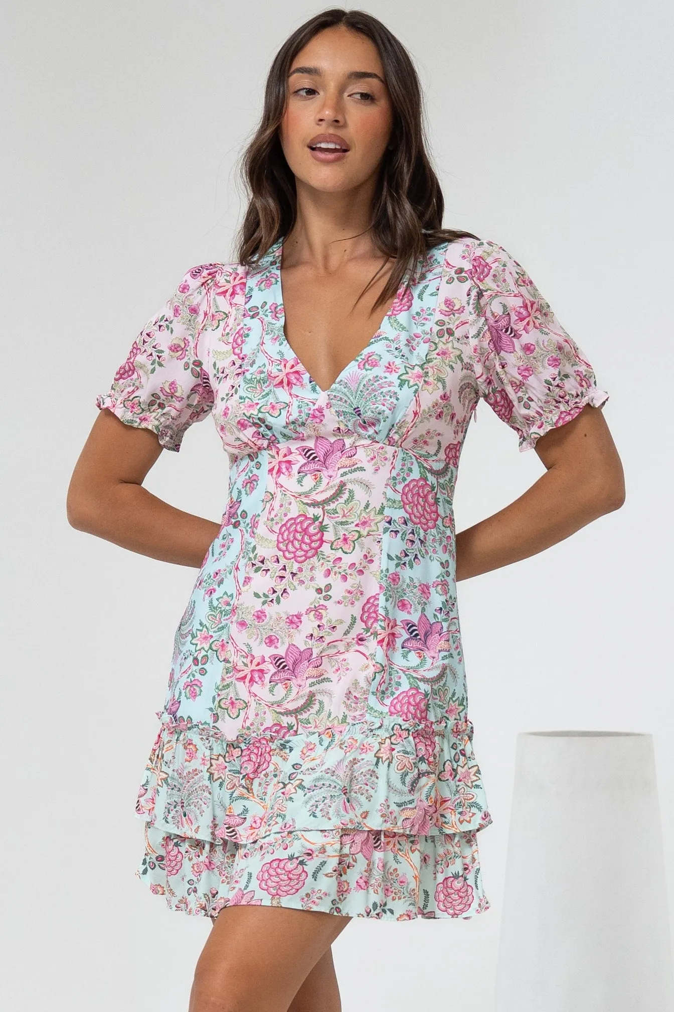 Jeannie Mini Dress - A Line Dress with Puff Sleeves in Spriggie Print Green sold by Salty Crush product image thumbnail 3